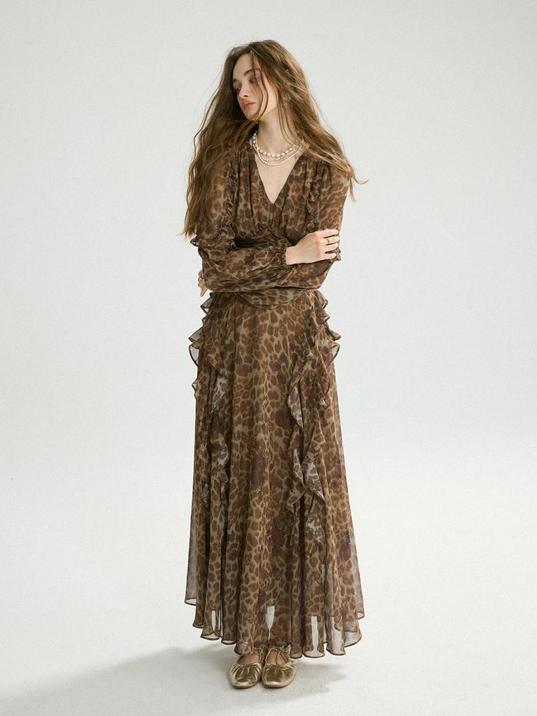 Sinseuden Leopard Rose Ruffle Long Dress