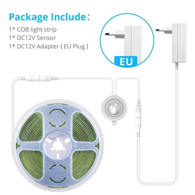Super jasné COB LED páskové světlo Chytrý PIR pohybový senzor 220V 110V až 12V DC Flexibilní lampová páska pro dekoraci kuchyňského šatníku