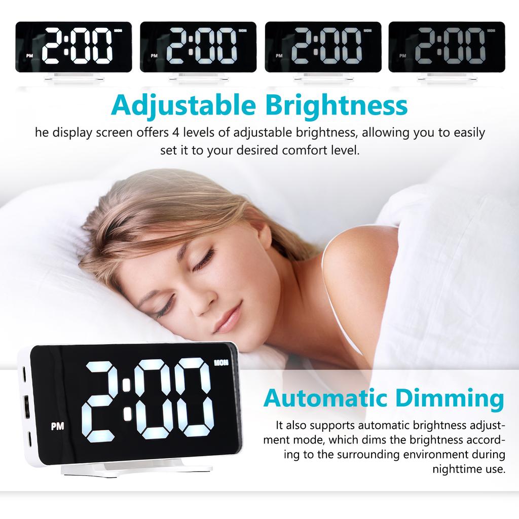 LED Digital Alarm Clock 6.7 Inch Mirror Surface Electronic Clock 12 24H Switchable with 2 Alarm Setting 4 Levels