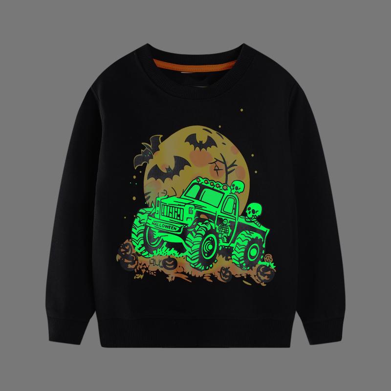 TUONXYE Boys Halloween Glow In The Dark Sweatshirt Kids Skeleton Monster Truck Print Long Sleeve Pullover Children Sport Tops