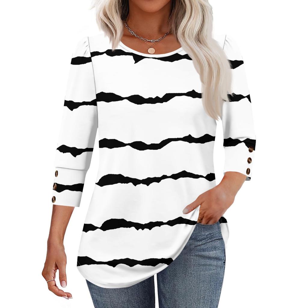 Damenmode Lässiges T-Shirt Top mit Streifenmuster, Rundhalsausschnitt und Sieben-Ärmeln