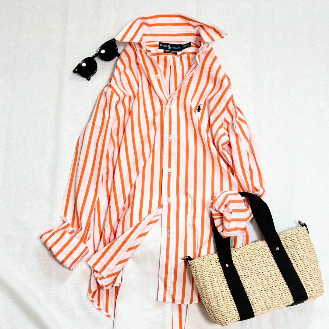 Used [Super Good Condition] Ralph Lauren Rare Orange Striped Shirt Pony Embroidery L-XL