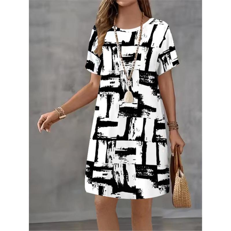 Women Summer Dress Fashionable Style Flower Print Casual Short Sleeved Round Neck A-line Dress Street Style Elegant Mini Dress