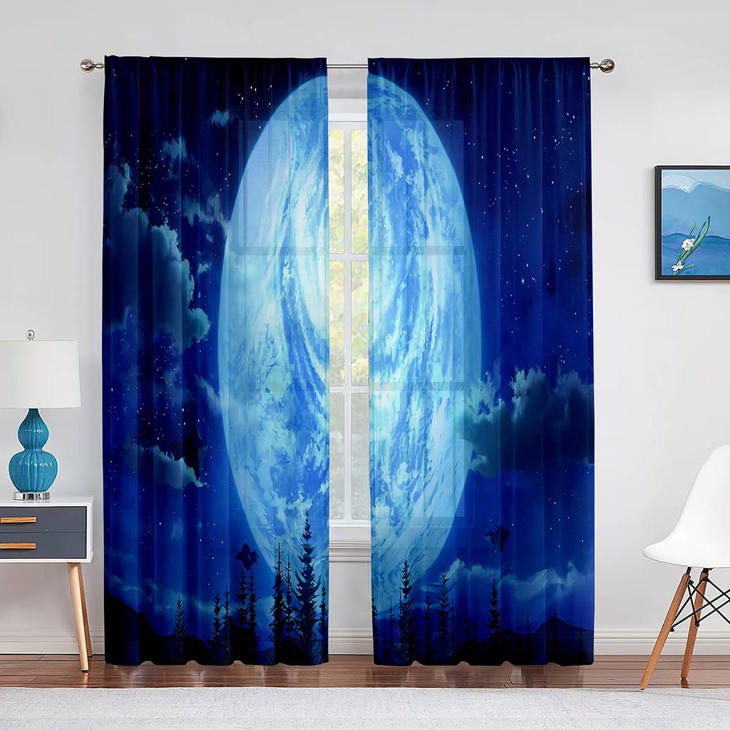 Galaxy Space Lila Fantasie Planeten Berg Transparente Vorhänge für Wohnzimmer Schlafzimmer Heimdekoration Fenster Voiles Tüll Vorhang