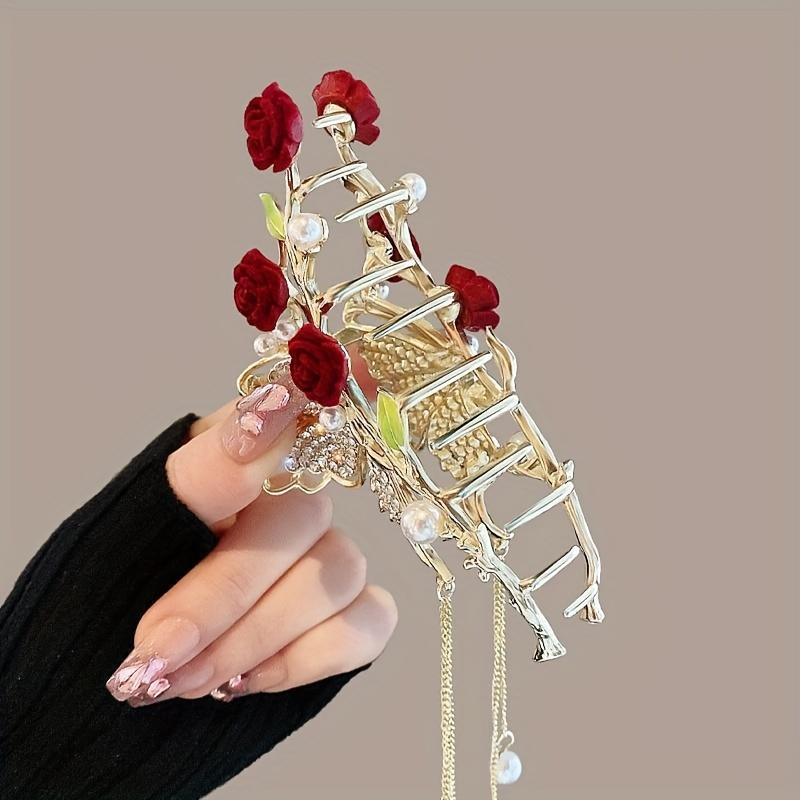 Delicate Long Faux Pearl Tassel Hair Claw, Butterfly Rhinestone Vintage Claw Clip, Women Girls Princess Style Hair Accessories