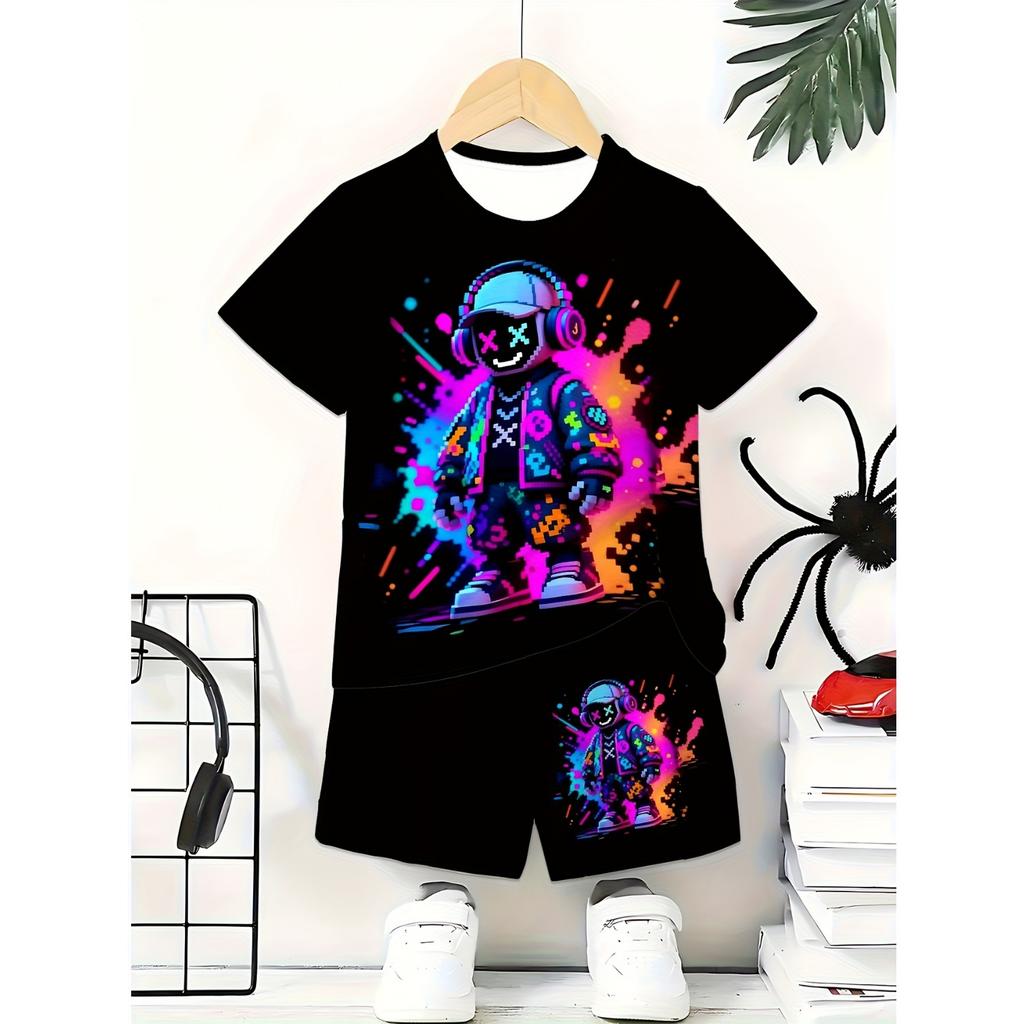 Boy's casual set, featuring 3D printed design | Short-sleeved T-shirt and shorts set