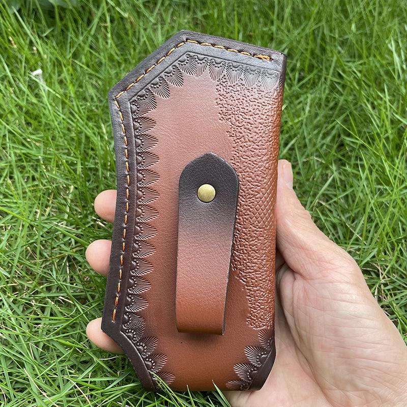 16 CM Foling Knife Holder Embossed Cowhide Scabbard Pocket  Knife Cover Leather Sheath Case  Camping Knife Holsters Belt Buckle
