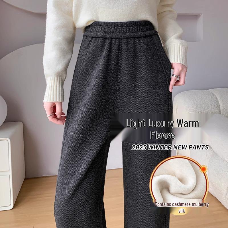 Women's High-Waist Woolen Pants - Fleece Lined, Wide-Leg, Slim Fit, Herringbone Pattern - Plus Size, Autumn/Winter 2024