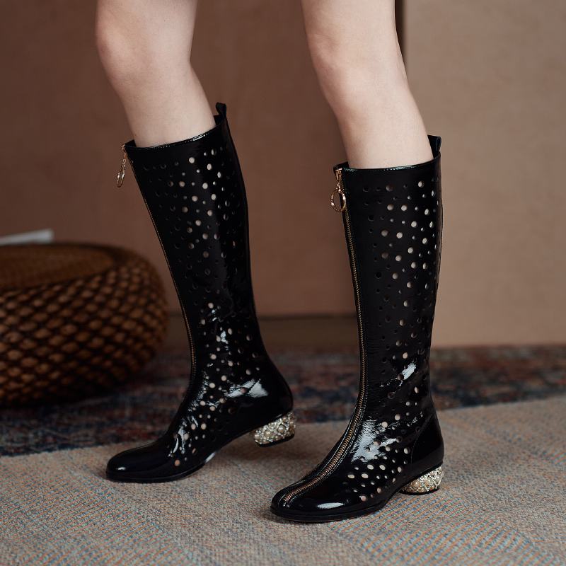 Krazing Pot – bottes d'été à bout rond en microfibre, décorations creuses à la mode, bottes d'été, cuissardes hautes