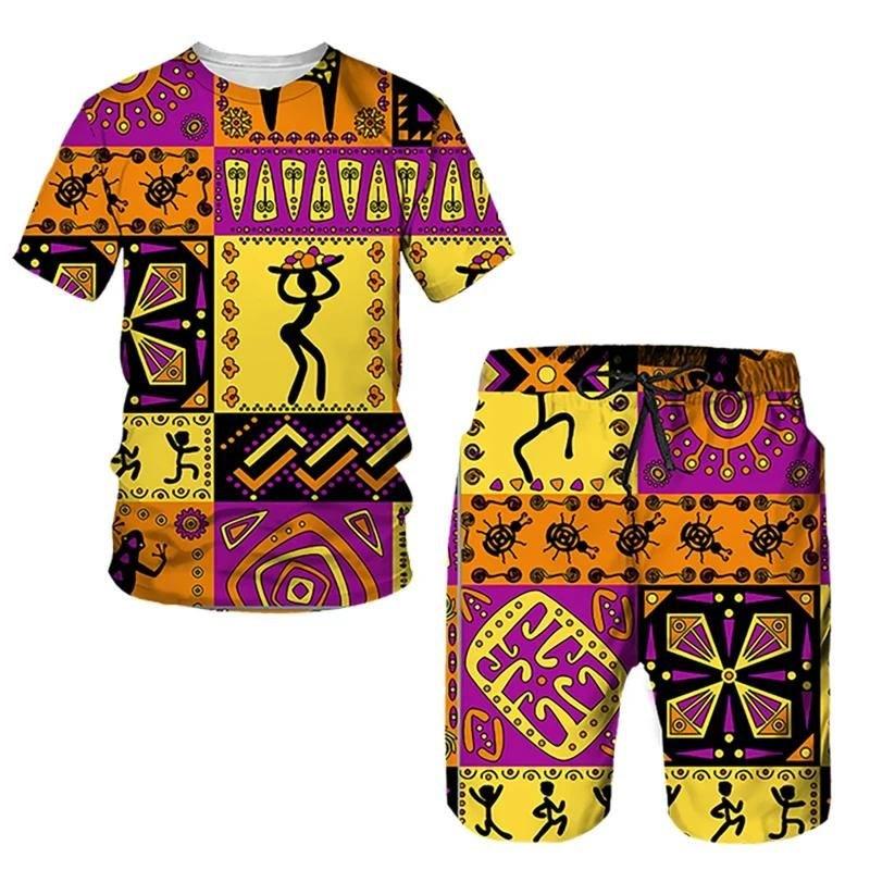 Sommer-Sportbekleidung für Herren mit 3D-bedrucktem T-Shirt und Shorts im afrikanischen Ethno-Stil, lässiges Kurzarm-T-Shirt mit Rundhalsausschnitt