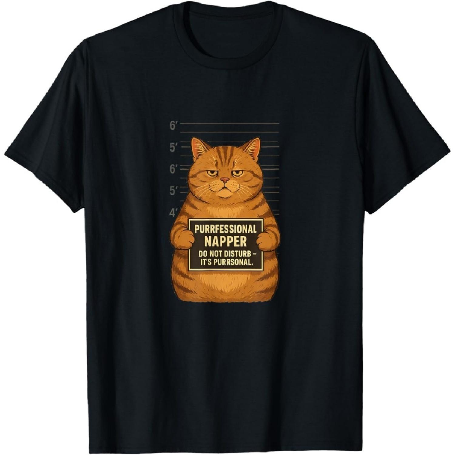 NEWTRUE Fat Tabby Cat Mugshot – Funny “Napping” Arrest Design T-Shirt S