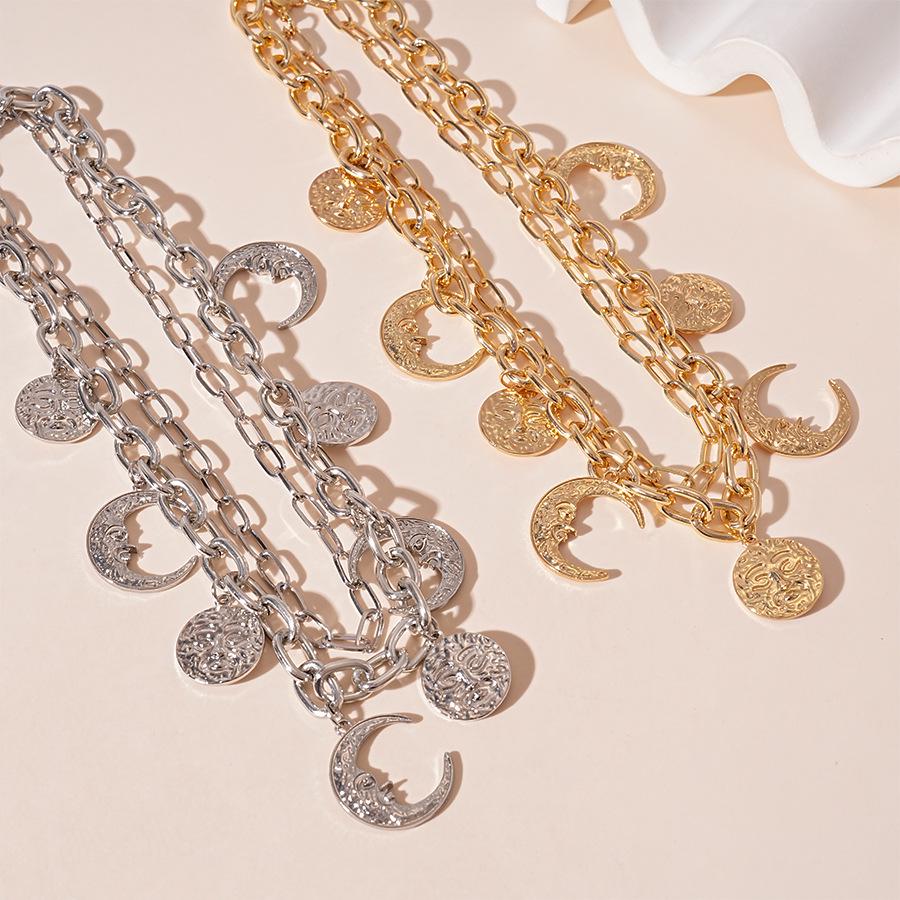 European & American Metallic Moon Sun Double Layer Necklace - High-End Retro Statement Piece for Women