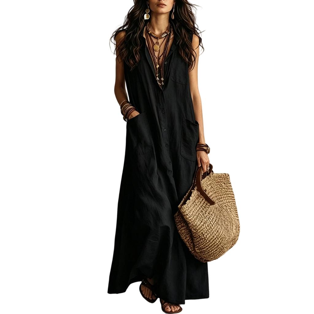 Women Sleeveless Bohemian Button Down Pocket Casual Long Shirt Dress Lightweight Loose Fit Summer Maxi Dress