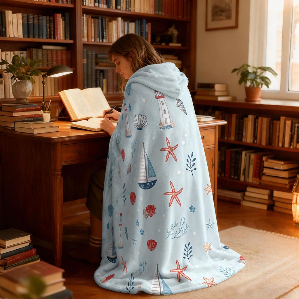 1pc Sailing Ship Anchor Printed Flannel Hoodie Wearable Cloak Blanket Soft Warm Multi Size Casual Blanket Machine Washable