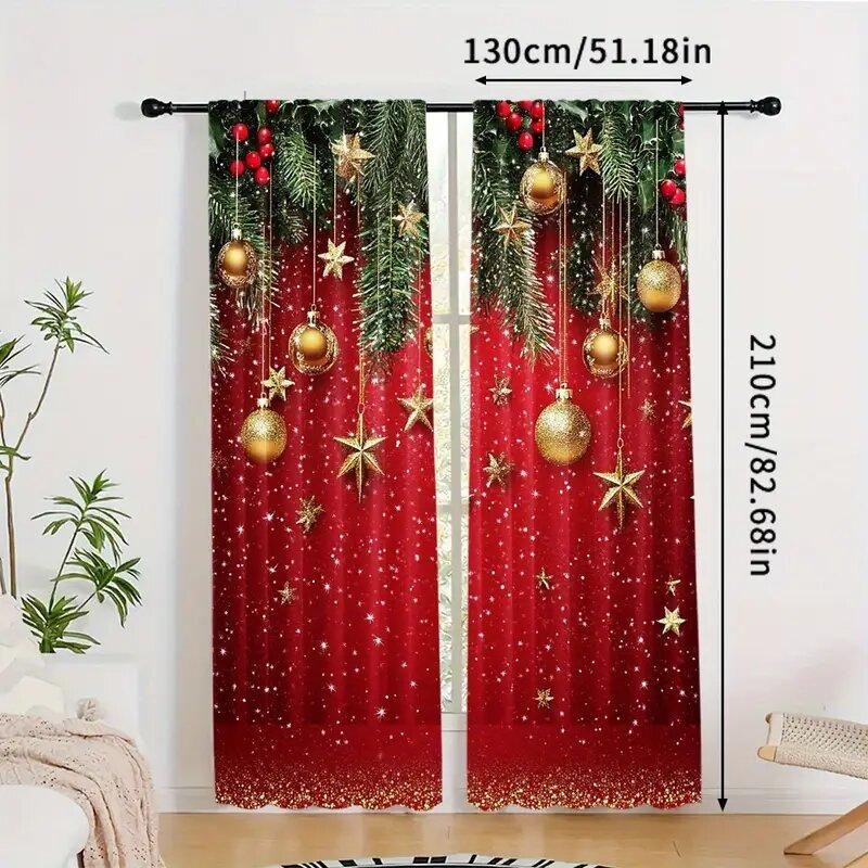 2pcs - Christmas curtains, festive red Christmas polyester printed curtains, home decoration, room decoration