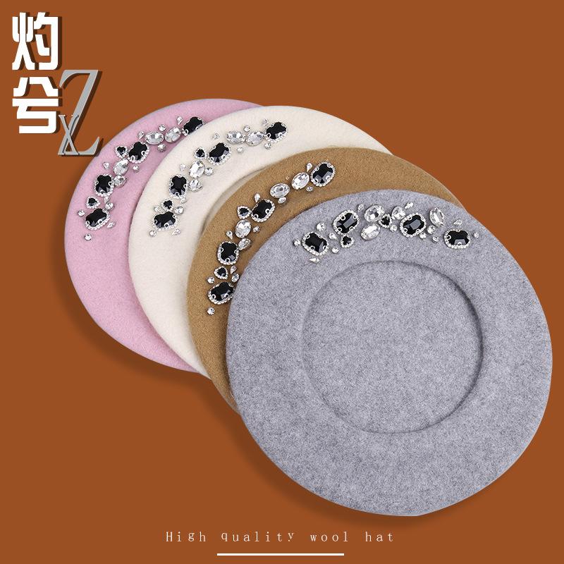 Autumn and Winter Literary and Artistic Solid Color Diamond-encrusted Fashion Wool Beret Women's Outdoor Shopping Versatile Face Small Painter Hat D