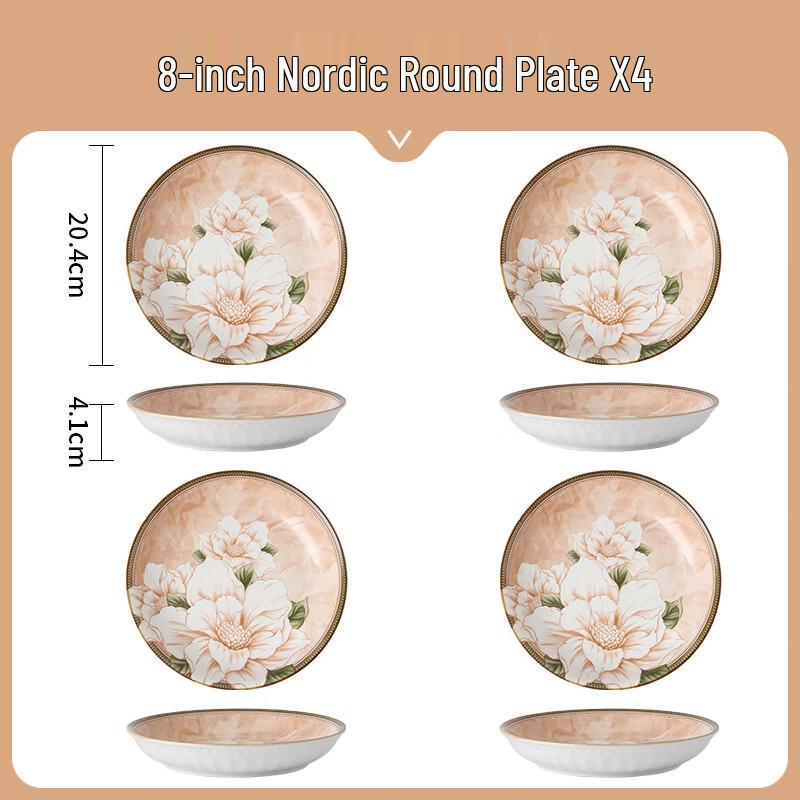 WA Underglaze Japanese Camellia Ceramic Dinner Plates - 8-inch, 4-Pack