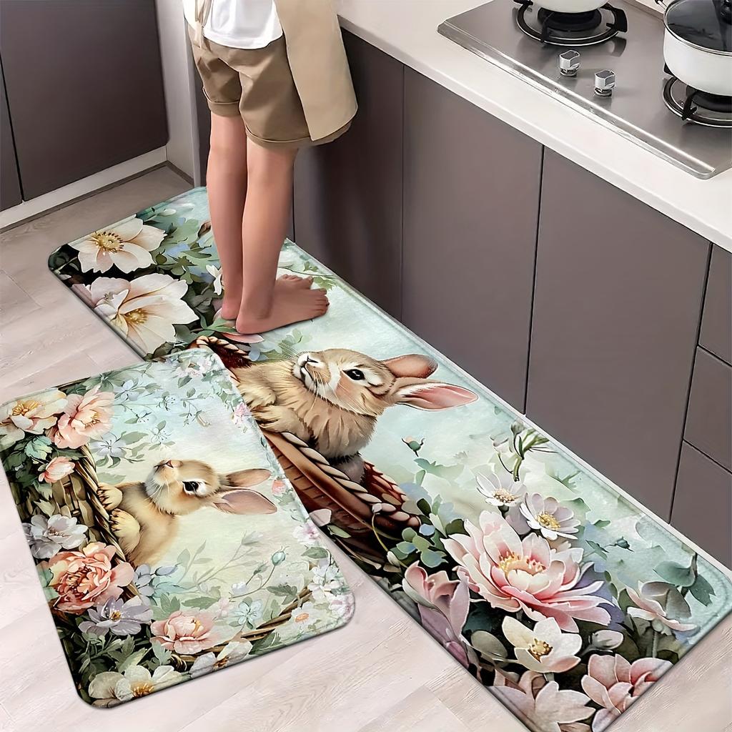 1Pcs Anti Fatigue Kitchen Rugs, Charming Rabbit Print Waterproof Non-Slip Thick Cushioned Kitchen Mat Heavy Duty Comfort Standing Mat for Kitchen