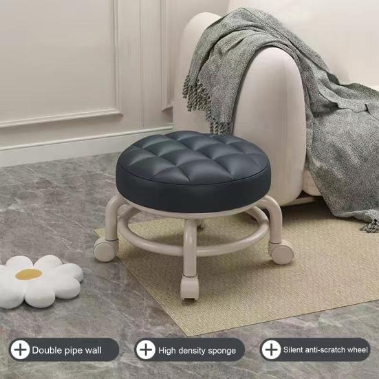 Low Height Rolling Stool with 360 Degrees Wheels Faux Leather Sponge Filled Cushion Modern Home