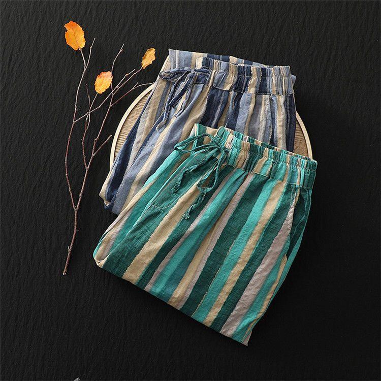 Women's Loose Casual Stripe Pants Thin Cotton Linen Harlan Summer Vintage Trousers
