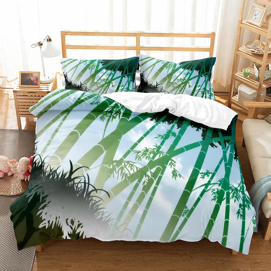 Bambus Dynetrekksett Tusjmaling Svart Grønn Bambus Polyester Dynetrekk King Queen Size For Barn Gutter Jenter Sengetøysett