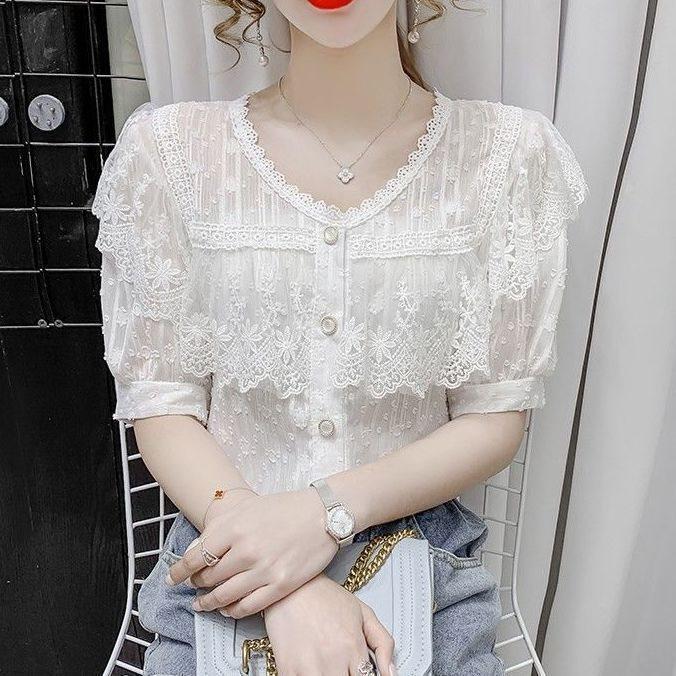 Summer Fashion Lace Ruffle Sleeveless Blouse With 3d Pattern For Casual Women