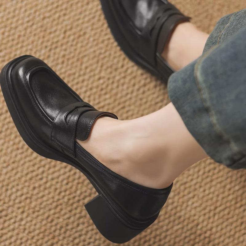 Retro British style square head thick heel platform loafers versatile commuter small leather shoes one pedal high heel single shoes