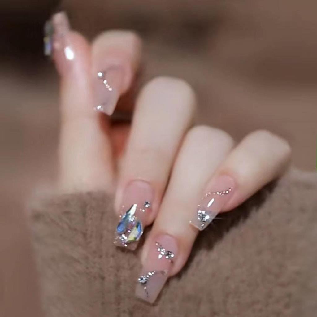 Rosa Genomskinliga Strass-Nagelplåster - Mellanlånga, Avtagbara, Bärbara, Färdig Manikyr