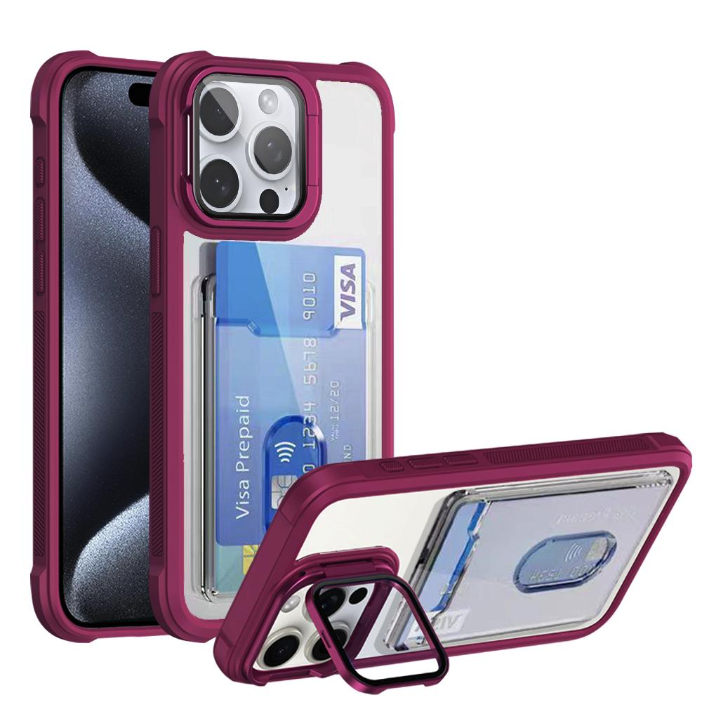 Shockproof Acrylic Hard Cover for IPhone 16 Pro Max 15 14 Plus 13 11 Folding Lens Stand Transparent Slot Card Holder Wallet Case