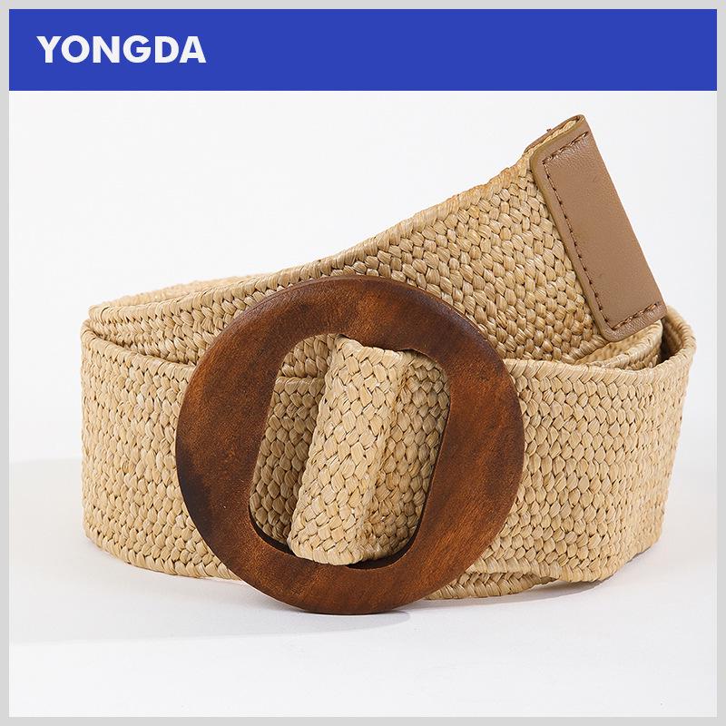 

Ethnic Style Wooden Button Straw Braid Elastic Cotton Linen Dress Belt 110 cm