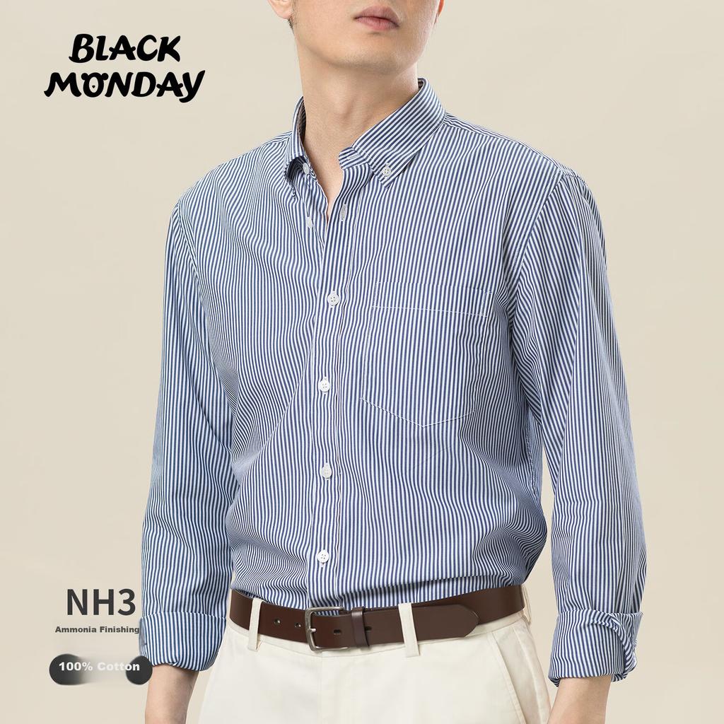 BLACKMONDAY [Liquid Ammonia] Pure Cotton Long-Sleeve Shirt for Men, All-Cotton Vertical Striped Men's Formal Business Casual Shirt
