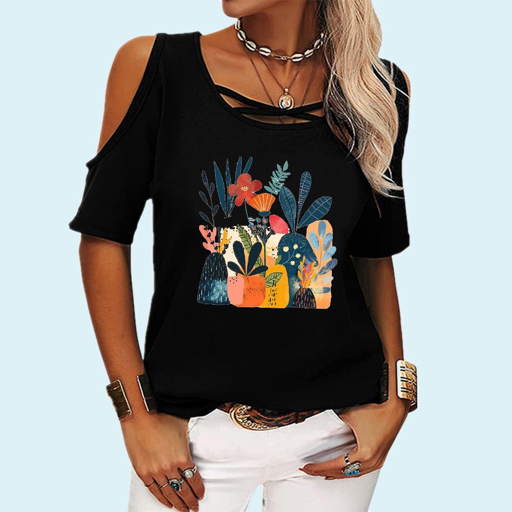 

Женская модная футболка с коротким рукавом и цветочным принтом, круглый воротник, топ с открытыми плечами, женская повседневная футболка-пуловер 5Xl чёрный