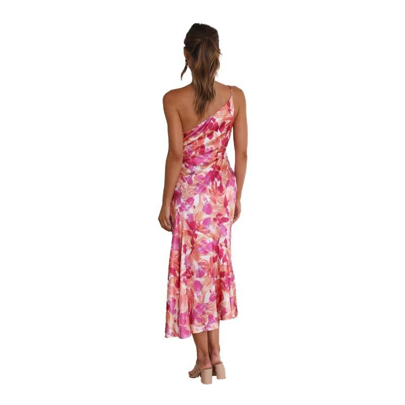 VEZFAA Women's Fashion Summer Spring Flower Pattern Print Sleeveless Oblique Collar High Waist Casual Dresses