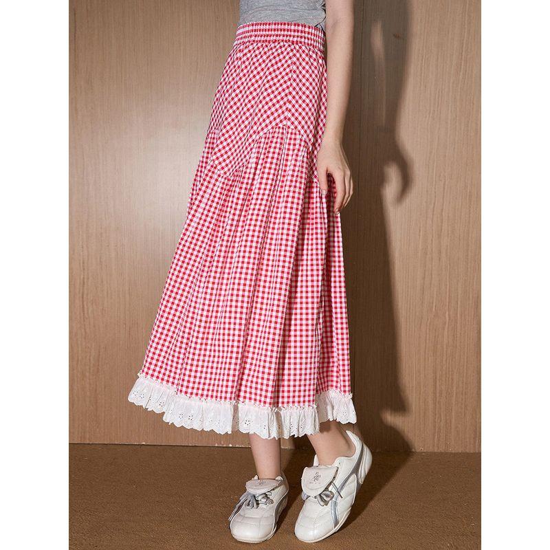 Coolhut2025 Summer Asymmetrical Lace Patchwork Plaid Skirt Pleated High-Waisted Umbrella Skirt