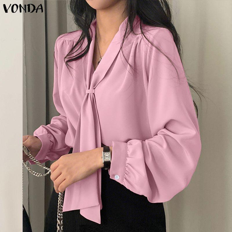 VONDA Womens Casual Tie Up V Neck Long Sleeve Casual Office Shirts Blouse