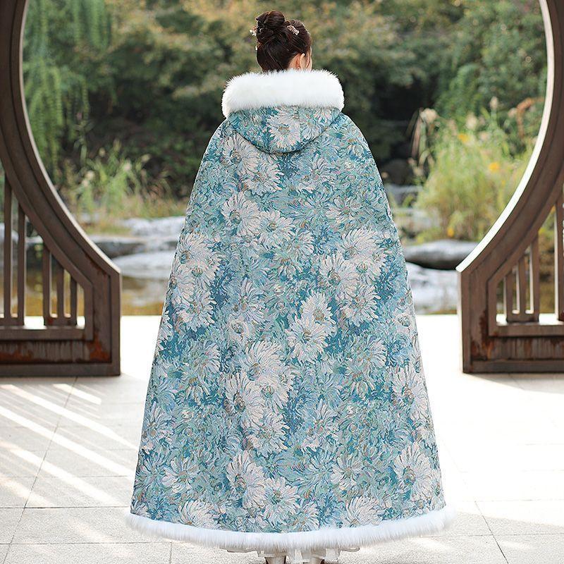 Hanfu Cloak Cape Wool Shawl Winter Fur Collar Antique Thickened Warm Long Chinese Style Coat Women's Winter