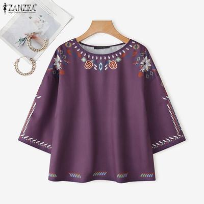 Damen Rundhals Locker Lässig 3/4 Ärmel Print Bluse