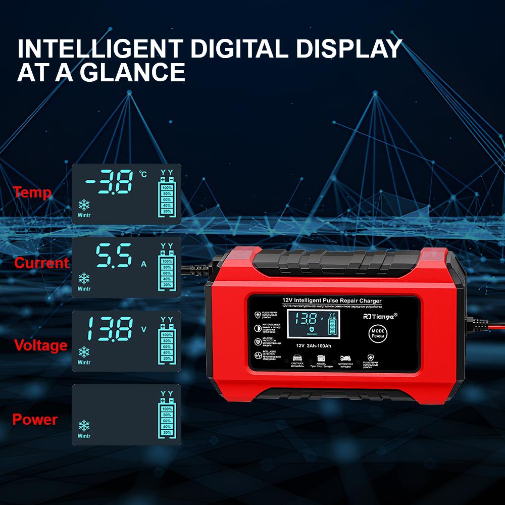 Digital Display Screen Suitable for Lead Acid Batteries 12V6A Intelligent EU Plug Reverse Protection Car/Motorcycle Charger Smart Battery Charger