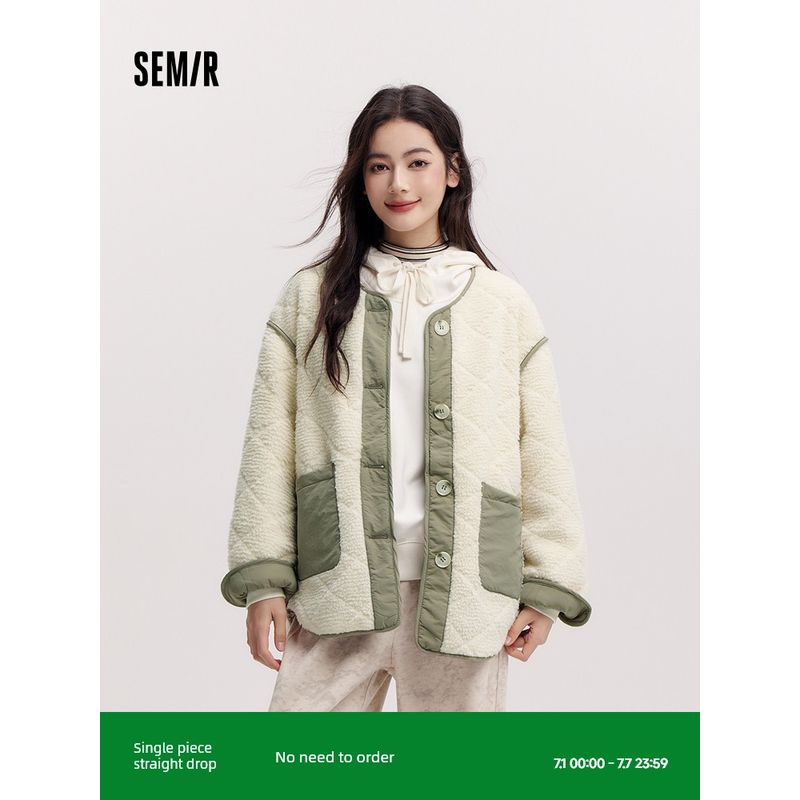

Senma Outwear Women s Mid Length Long Length Quilted Imitation Lamb Wool Loose Winter 2024 New Arrival Contrast Color Quilted Jacket Double-Sided Wear White-green 00314 150/76A/XS
