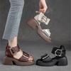 Johnature Genuine Leather Peep Toe High Heel Sandals Women Retro Comfortable Breathable Thick Sole Shoes