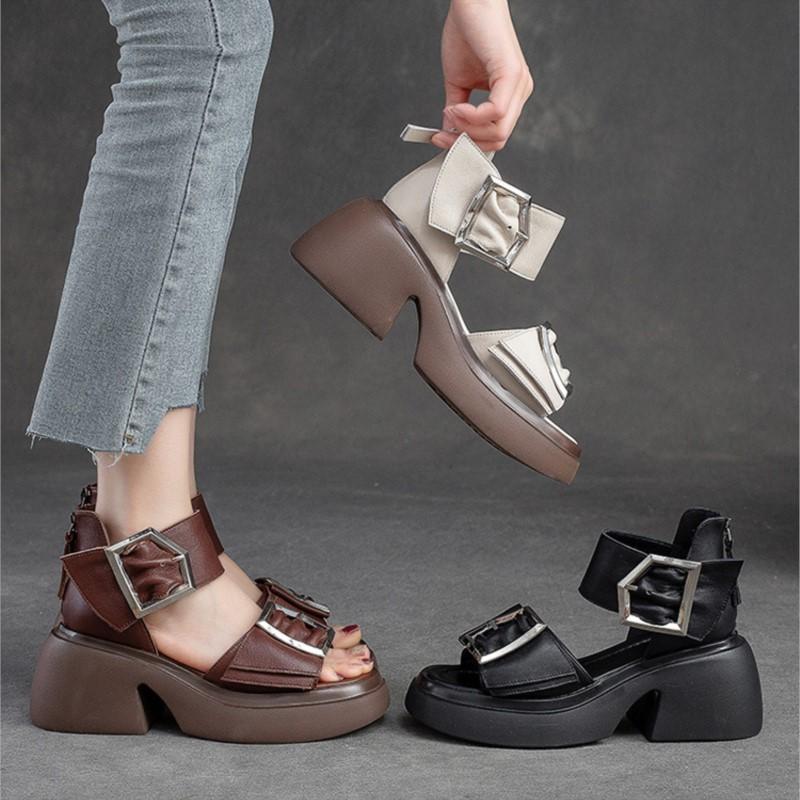 Johnature Genuine Leather Peep Toe High Heel Sandals Women Retro Comfortable Breathable Thick Sole Shoes