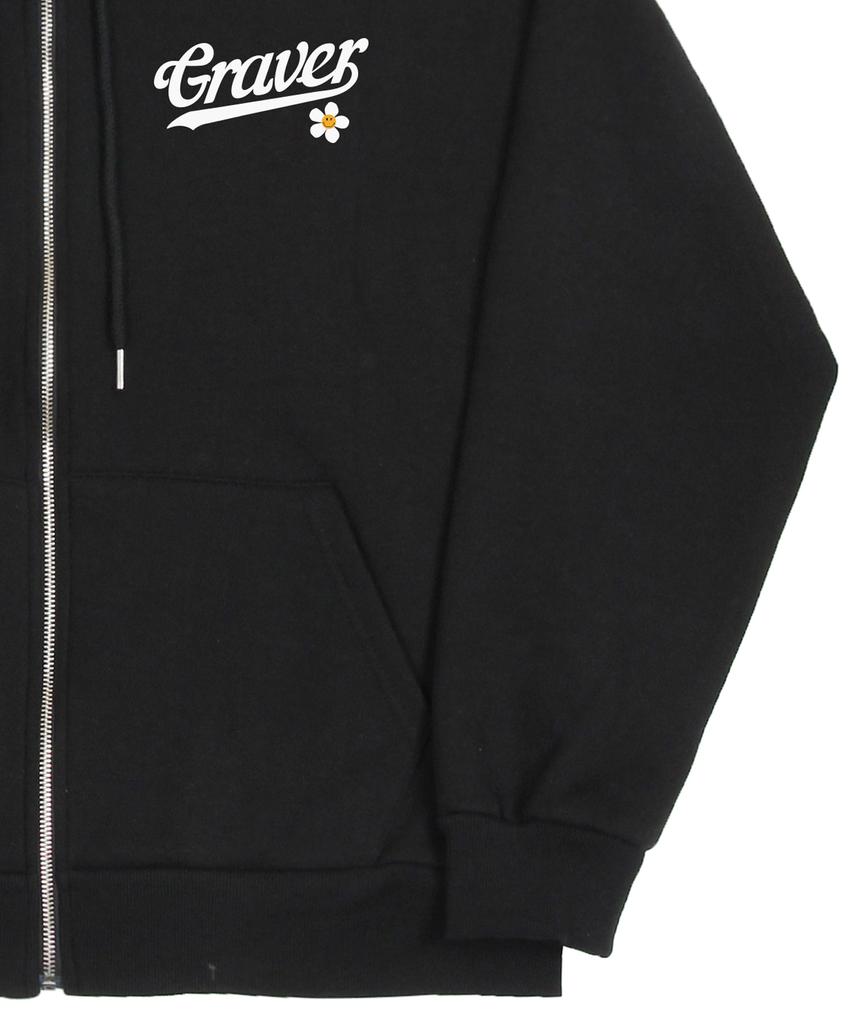Graver [Unisex] Baseball Logo Flower Smile Zip-Up Hoodie_Black