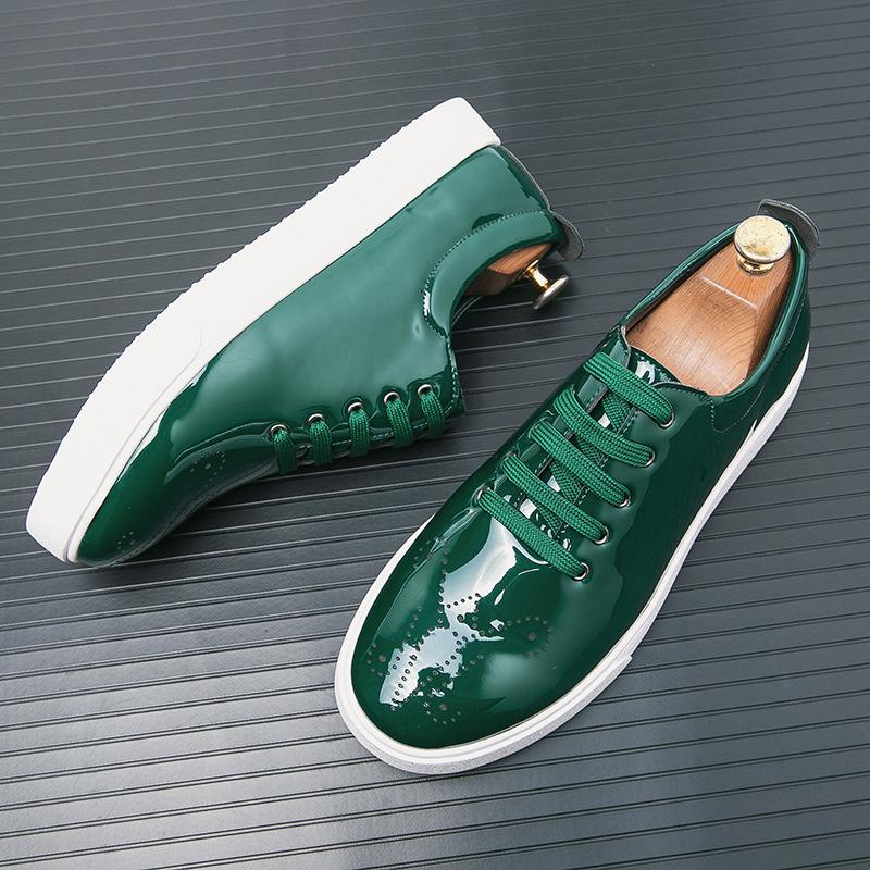 Spring Autumn Leather Sneakers High Quality Patent Leather Casual Shoes Lace Up Green Fashion Designer Leather Brogues Shoes