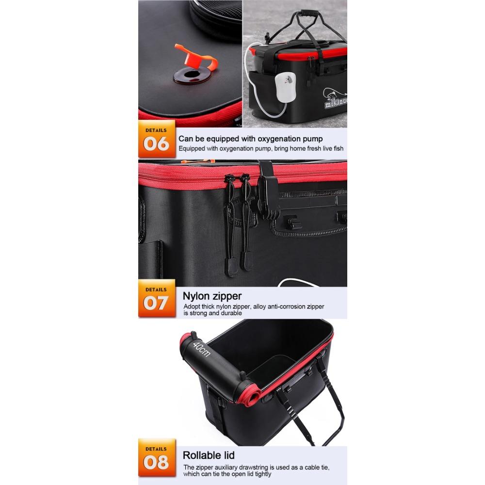 New 30-50cm Fishing Bucket EVA Foldable Carrying Handle Collapsible Live Fish Box with Side Pocket and Zipper for Travel Camping