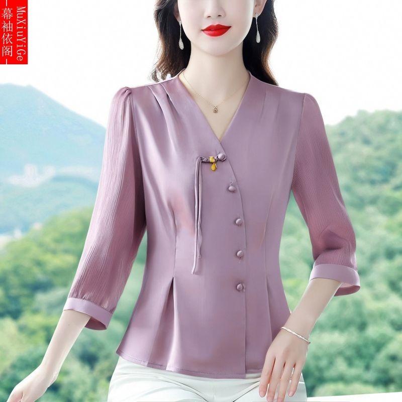 

Fashionable National Style V-neck Feminine Light Luxury Mom Wear Versatile T-shirt Tops XL рожевий