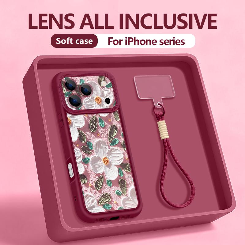 Wrist Strap Lanyard Phone Case For iPhone 17 Pro Max 17E 16E 16 14 15 Pro 12 13 Pro Max 11 Oil Painting Flower Pattern TPU Cover
