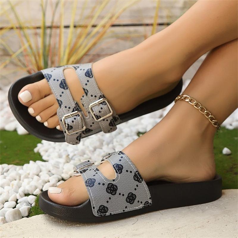 Foreign Trade Large Size Summer New Thick-soled Cool Slippers Women's European and American One-word with Double Buckle Outer Wear Women's Shoes