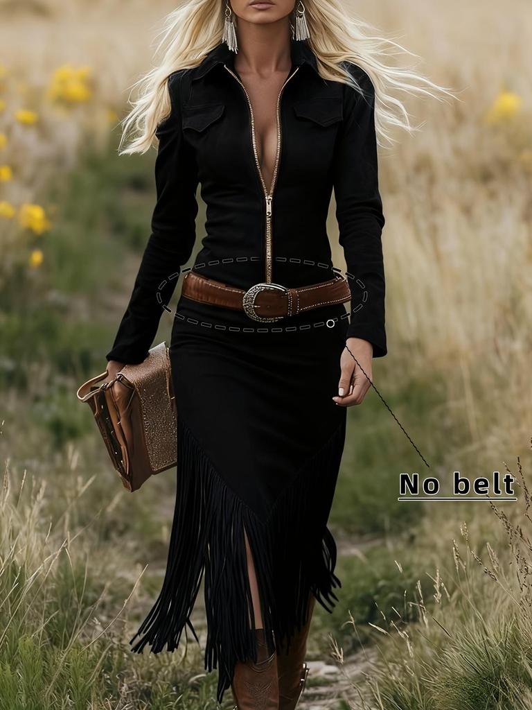 Light Blue Fringe Hem Long Sleeve Denim Dress