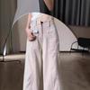 Women's High Waist Wide Leg Cargo Jeans Solid Apricot Straight Denim Pants Loose Draped Floor Length American Retro Casual Trousers