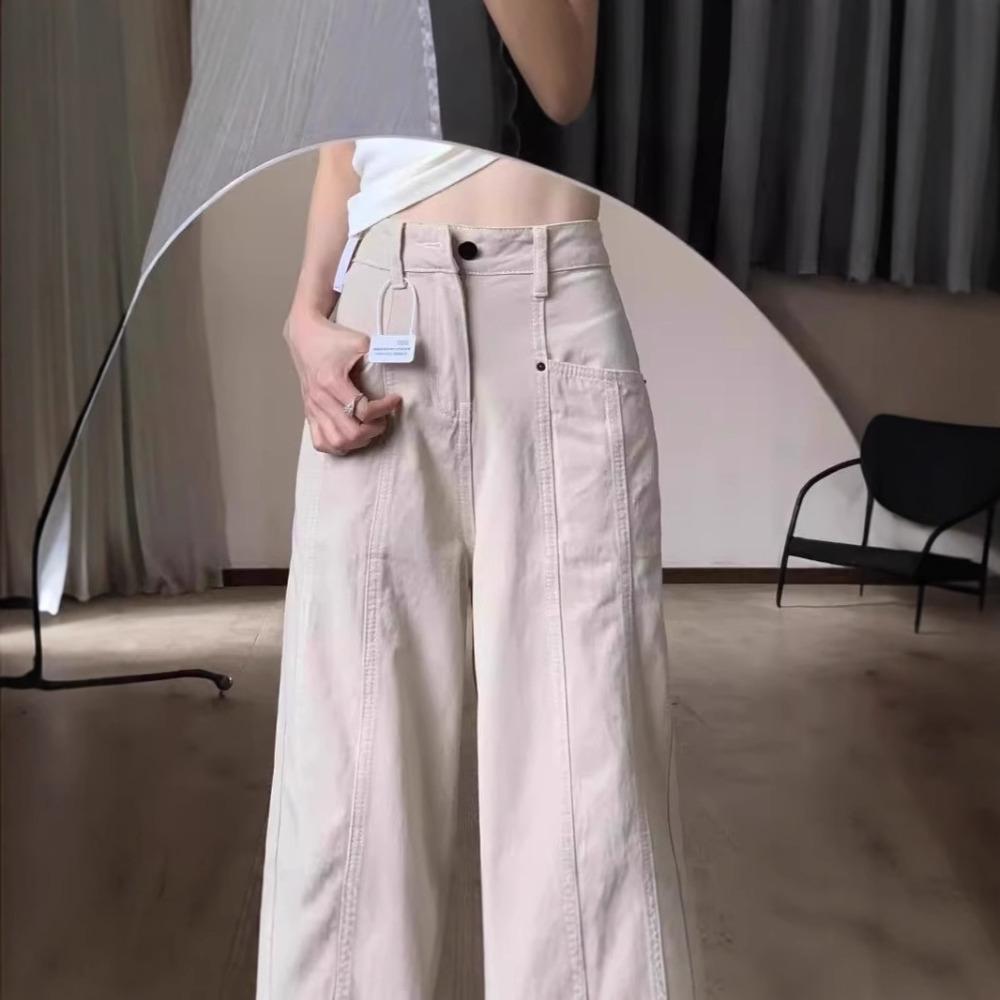 Women's High Waist Wide Leg Cargo Jeans Solid Apricot Straight Denim Pants Loose Draped Floor Length American Retro Casual Trousers